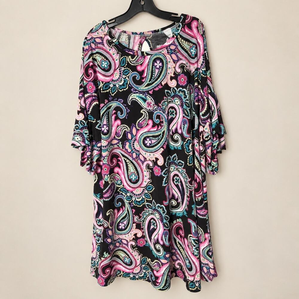 Plus Size 1XL Black Paisley Swing Dress Pockets Ruffle Bell Sleeve Boho USA